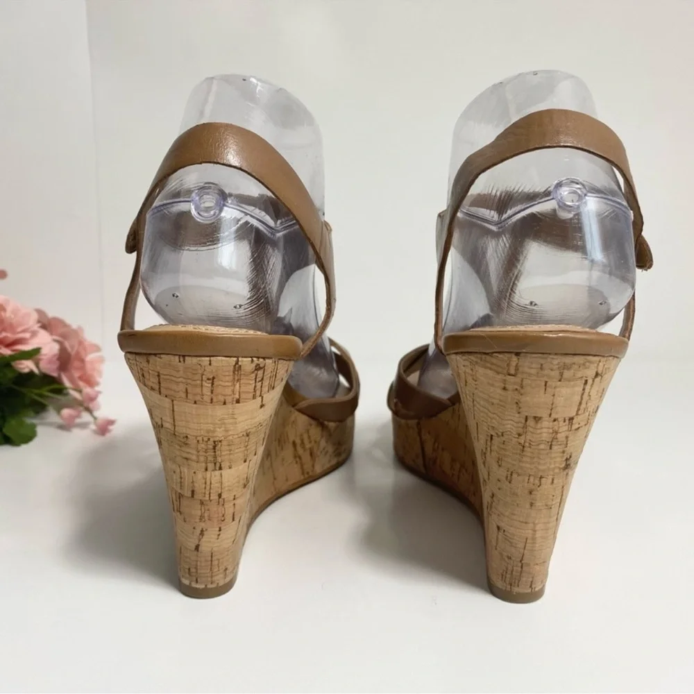 Tahari Sarah Brown Leather Strappy Wedge Sandals